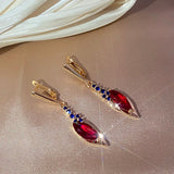 14K Filled Gold Luxury Blue Red Tassel Oval AAA Zircon Crystals Elegant Dangle Earrings