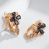 Luxury Black 14K Rolled Rose Gold AAA Zircon Crystals Drop Earrings - Vintage Style Crystal Flower Jewellery