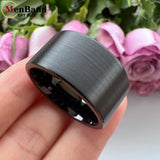 Flat Band And Brushed Finish 10MM 12MM Large Men Black Tungsten Ring Comfort Fit