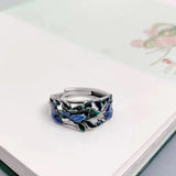 925 Silver Hadmade Cloisonne Blue Green Enamel Peony Flower Vintage Rings