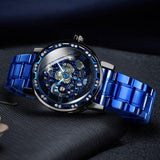 New Top Brand Luxury Transparent Diamond Mechanical Blue Stainless Steel Skeleton Business Fashion Mens Watches - The Jewellery Supermarket