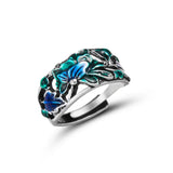 925 Silver Hadmade Cloisonne Blue Green Enamel Peony Flower Vintage Rings