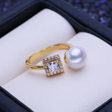Elegant Design Real Pearl with princess-cut AAA cubic zirconia Gold Plated Ring