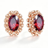 14K Rolled Gold Big Oval Red AAA Zircon Crsytals Flower Vintage Stud Earrings For Women