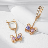 14 Karat Gold Filled Pink Purple AAA Zircon Diamonds Butterfly Shape Long Drop Earrings