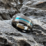 Beveled Edges Grooved Brushed Surface 8mm Black Blue Tungsten Carbide Rings