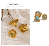 18K Gold Plated Green Natural Stone Fashion Adjustable Stainless Steel Geometric Open Ring
