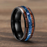 Blue Crystal Stone Inlaid Hawaiian Koa Wood 6/8mm Tungsten Carbide Rings
