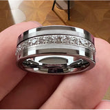 Inlaid Zircon Silver/Black Brushed Finish 8MM Tungsten Steel Wedding Rings