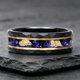 New 8mm Black Hammered Inlay Blue Glass Stone Gold Foil Tungsten Carbide Rings