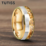 Dome Double Groove Inlaid Golden Crystal Stone Mother Of Pearl Shell 6/8mm Tungsten Ring