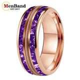 Purple Crystal Stone and Guitar String Inlay 8mm Tungsten Carbide Rings Men Women