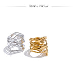 18K Gold Plated Trendy Stainless Steel Layered Hollow Geometric Wide Fashion Ring