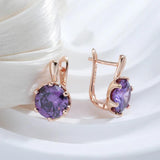 Luxury Amazing Six Claw Round Cut Purple 14K Rolled Rose Gold AAA Zircon Crystals Drop Earrings - Fashion Jewellery