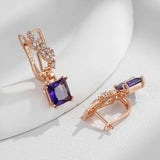 Luxury Large Square AAA Purple Zircon Crystals 14K Rolled Rose Gold Dangle Earrings - Vintage Style Jewellery