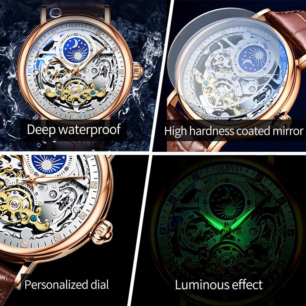 New Luxury Square Skeleton Automatic Golden Bridge Dial Carved Movement Mechanical Waterproof Watches - The Jewellery Supermarket