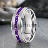 Purple Crystal Stone Inlay Brushed Finish Silver Finish 6/8MM Tungsten Rings