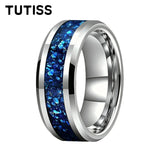 Blue Glass Stone Inlay Beveled Edge Polished 6/8mm Tungsten Carbide Rings