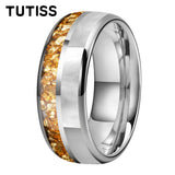 Dome Double Groove Inlaid Golden Crystal Stone Mother Of Pearl Shell 6/8mm Tungsten Ring