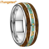 Whiskey Wood And Turquoise Gold Foil Inlay Unisex Tungsten Carbide Unisex Rings