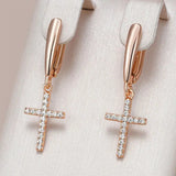 Adorable 14K Rolled Gold AAA Zircon Diamonds Faith Cross Drop Earrings Fine Jewellery