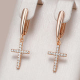 Adorable 14K Rolled Gold AAA Zircon Diamonds Faith Cross Drop Earrings Fine Jewellery