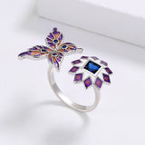 Butterfly Flower Red Green AAA Zircon Crystals Handmade Enamel Open Ring