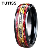 Unique Red Garnet & Meteorite Gold Foil Inlaid With Two-tone Tungsten Wedding Rings