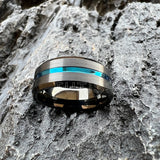 Beveled Edges Grooved Brushed Surface 8mm Black Blue Tungsten Carbide Rings