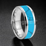 Blocky Turquoise Inlay Polished Bevel Edges Tungsten Carbide Rings for Men Women