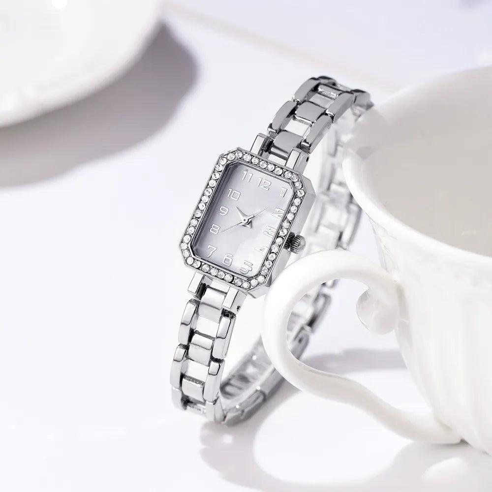 Luxury New Square Full CZ Diamonds Digital Gold Plated Stainless Steel Bracelet Women's Dress Quartz Watches - The Jewellery Supermarket