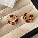 Handmade Vintage Enamel White Red Black  Small Hoop Trendy Gold Plated Earrings
