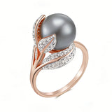 14 Karat Rolled Gold Big Grey Pearl AAA Zircon Diamonds  Luxury Women's Rings