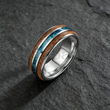 Inlaid Whiskey Barrel Wood and Blue-Green Opal 6/8MM Men Women Tungsten Rings