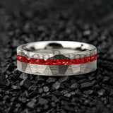 Hammered Faceted Brushed Finish Red Crystal Stone Inlay Gold Color Tungsten Rings