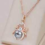 14K Gold Filled With Grey White Pearl Inlay AAA Zircon Diamonds Unique Spider Necklace