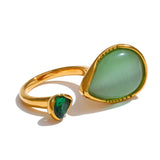 14K Gold Plated Stainless Steel Green Natural Stone AAA Zirconia Water Drop Geometric Ring