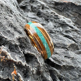 Amazing Whiskey Barrel Oak Wood Crushed Turquoise Inlay Tungsten Carbide Rings