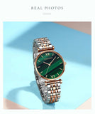 New Elegant Ladies Watch with Quartz Movement Green Peacock Stone Dial  Casual Leather Rose Plated Gold Watches