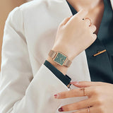 Elegant Green Dial Roman Square Ladies Rose Gold Plated Case Watches Quartz Stainless Steel Fashion Wristwatches