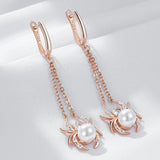 14 Karat Gold Filled Spider Design AAA Zircon Diamonds Pearl Tassel Dangle Earrings