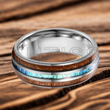 Dome Polishing Three Grooves Hawaiian Koa Wood Abalone Shell Inlay 8mm Tungsten Ring