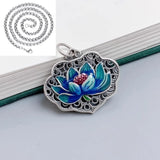 Fashion 925 Silver Hadmade Enamel Blue Lotus Flower Heart Sutra Necklace