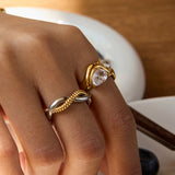 18K Gold Plated Stainless Steel Geometric Fashion Ring With Zircon Crystals Charm Jewellery