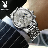 Luxury Men's Stainless Steel Quartz Wristwatch Waterproof Moon Phase Classic Trendy Multifunctional Watch For Men