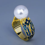 Exquisite Fashion Handmade Enamel Small Flower Inlaid Pearl 18KGP Ring