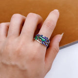 925 Silver Hadmade Cloisonne Blue Green Enamel Peony Flower Vintage Rings