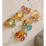 18K Gold Plated New Multi-Color Crystal Square Round Adjustable Ring Popular Jewellery