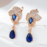 14 Karat Gold Filled Luxury Blue AAA Zircon Diamonds Vintage Flower Long Dangle Earrings