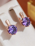 Luxury Amazing Six Claw Round Cut Purple 14K Rolled Rose Gold AAA Zircon Crystals Drop Earrings - Fashion Jewellery